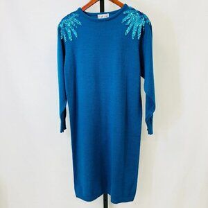 Vintage Plain Jane Blue Knit Dress Size M Sequin Shoulder Accent Long Sleeves